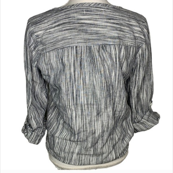 209WST38  Gray/Blue Striped Blouson Button Front Linen Top  Size 8 - Picture 2 of 9